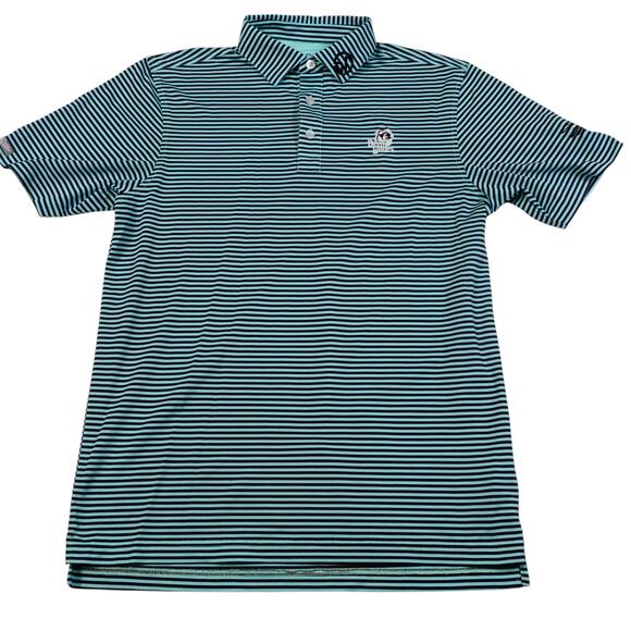 Straight Down Performance Mens Green Striped EMBROIDERED Golf Polo Shirt Small - Picture 2 of 7